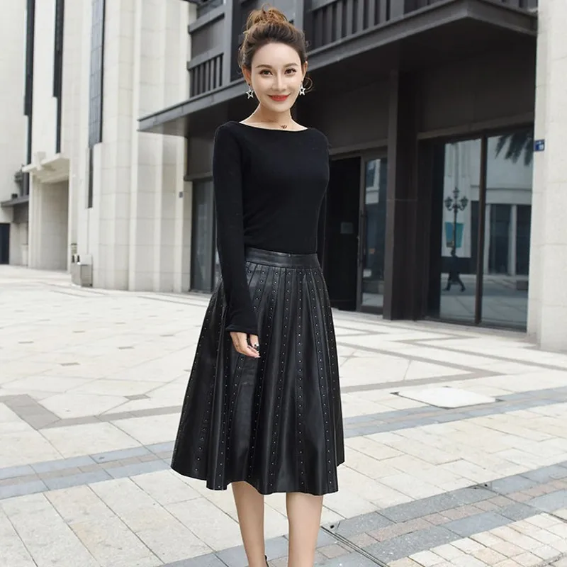 Pele de Carneiro Luxo Couro Genuíno Midi Saia Feminina ol Estilo Streetwear Plissada Cor Sólida Vintage Rebite A-line 2021 3 Moda Feminina