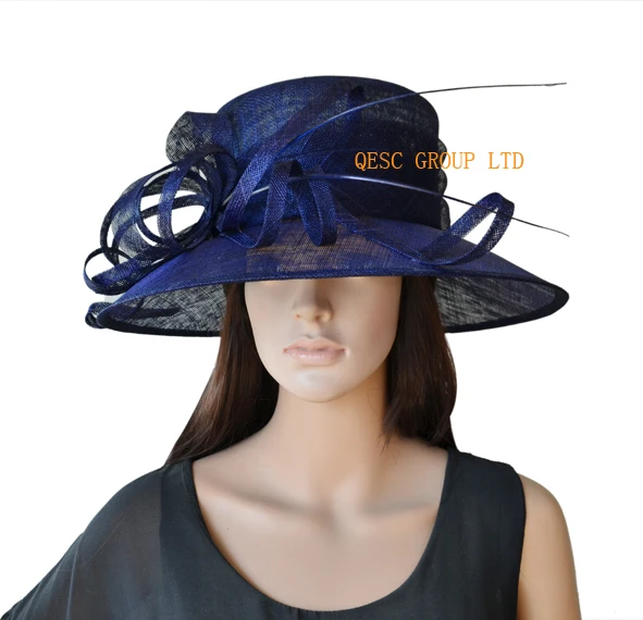 Sinamay шляпа платье шляпа w/страуса позвоночника для Свадебные гонки церкви. темно-синий цвет