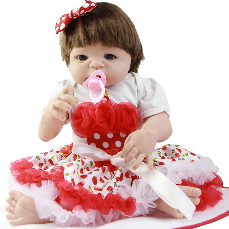 

New Arrival Lifelike 23''Reborn Baby Doll with Smooth Hair Real Full Silicone Vinyl Doll Dressed Cherry Skirt Girl Hot