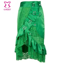 Викторианской рюшами Зеленый атласная Цветочные Кружево Для женщин юбка панк готический Пряжка Асимметричный Saia Миди-юбки Для женщин S стимпанк юбка 6XL