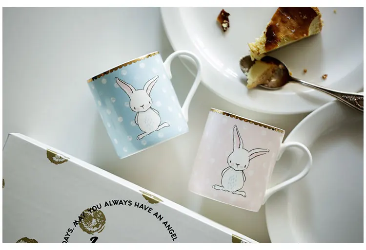 Кофейная кружка, керамическая чайная чашка с рукояткой, кролик, мультяшный принт, европейский стиль, пара, 2 шт, один набор с подарочной коробкой, чашки и кружки