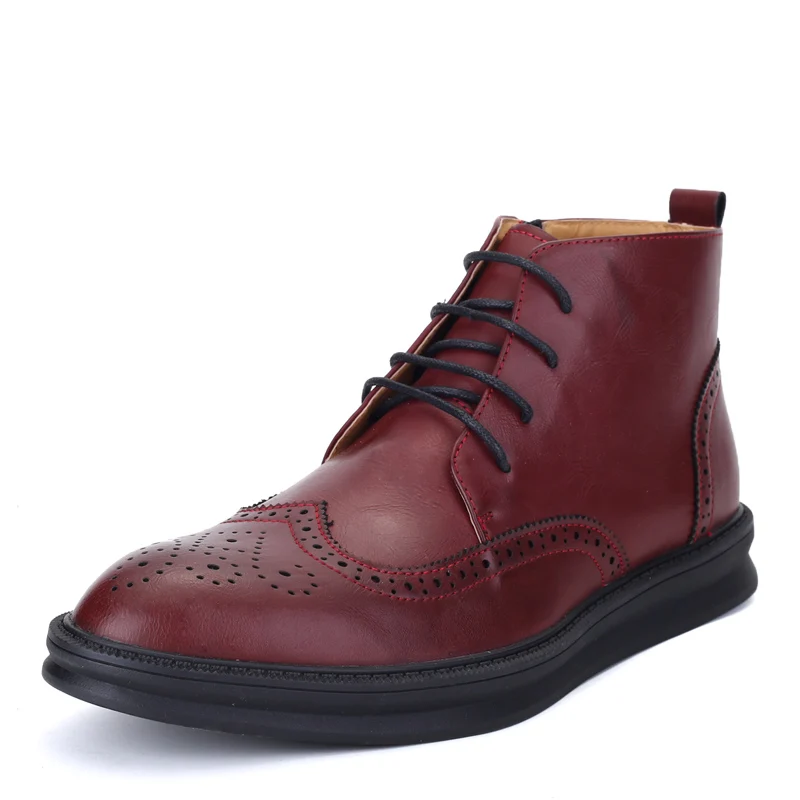 

MOFFT Bullock Carved Side Zip High Top Business Leather Shoes Men Point Top Spring Autumn Black Wine Red 2018 New Aarrival