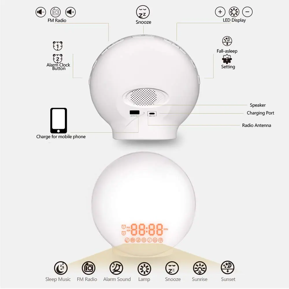 Wake-Up Light, Lbell Alarm Clock, 8 цветов, функция моделирования и помощи для сна, двойной будильник с fm-радио, 7 натуральный