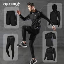 REXCHI 5 Pcs/Set Men’s Tracksuit Gym Fitness Compression Sports Suit Clothes Running Jogging Sport Wear Exercise Workout Tights