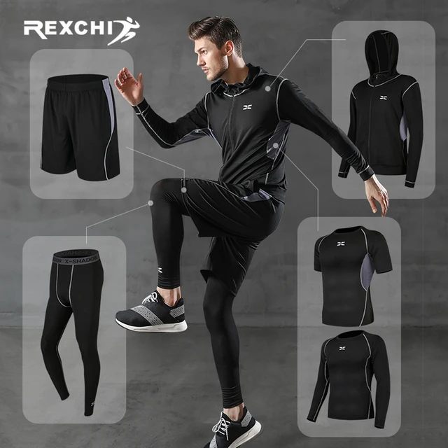 US $26.57 REXCHI 5 PcsSet Mens Tracksuit Gym Fitness Compression Sports Suit Clothes Running Jogging Sport 