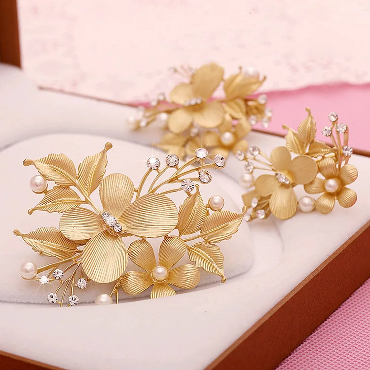 Korean bridal hair jewelry exquisite rhinstone pearl gold alloy tee-piece bridal headwear women hair ornament