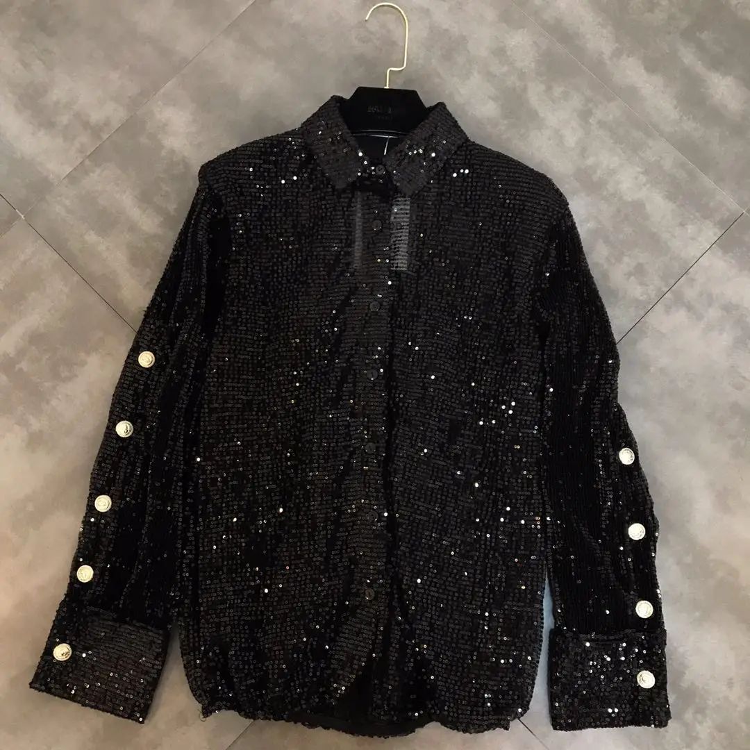 

2019 Spring New Collar Long Sleeve Button Decorative Heavy Industry Sequins Little Women's black and white Shirt