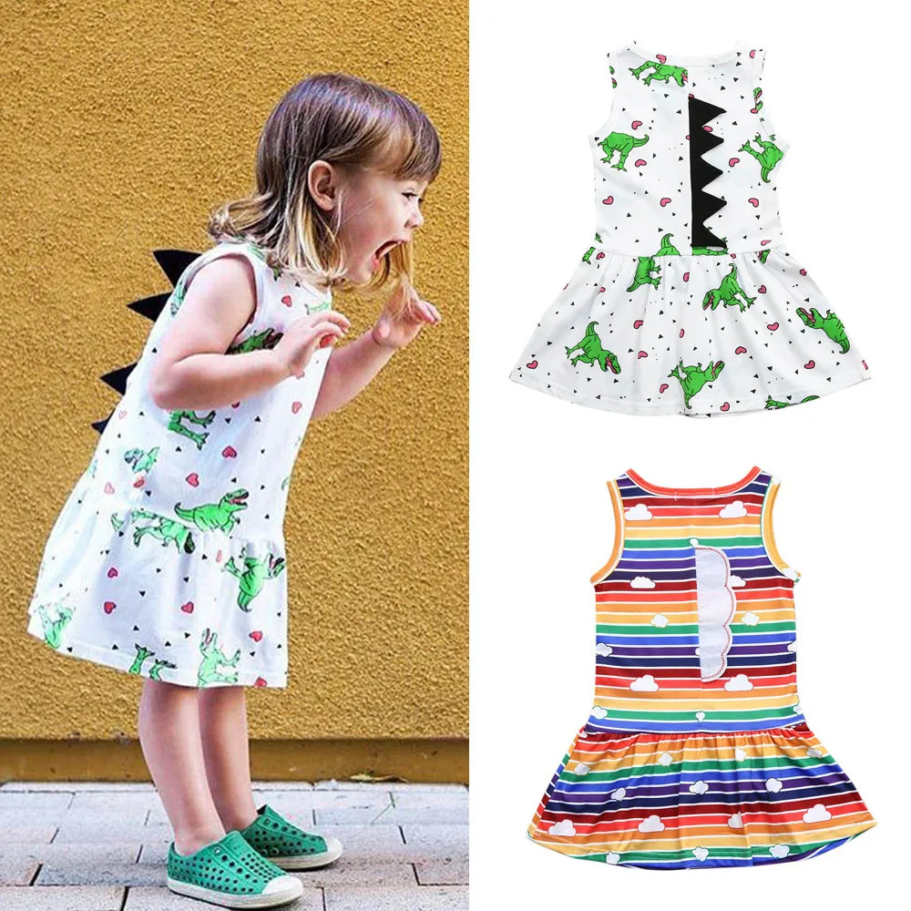

girls summer dresses Toddler Baby Girls Dress Cartoon Dinosaur Striped Print 3D Dorsal Fin Outfits princess party #VB10