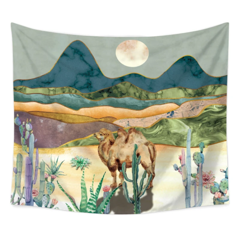 

Desert Tapestry Moon Camel and Cactus Wall Hanging Tapestries Watercolor Mountain Plant Printed Tapestry for Bedroom Dorm Room