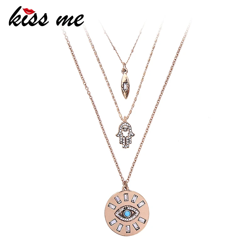 

KISS ME Women Necklace 2019 New 3 Multi Layers Heart Eye Pendant Necklace Charming Fashion Jewelry
