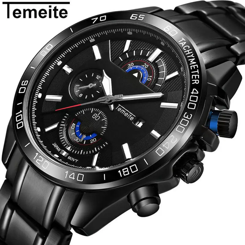 

Temeite Top Brand Luxury Quartz Watch Men Black Stainless Steel Quartz Mens Watches Japanese Movement Waterproof Wristwatch Male