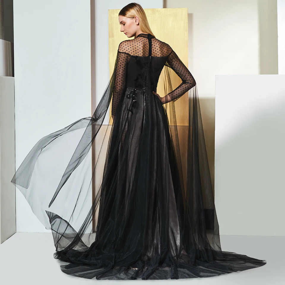 Dressv black elegant high neck evening dress long sleeves beading lace a line wedding party formal dress evening dresses