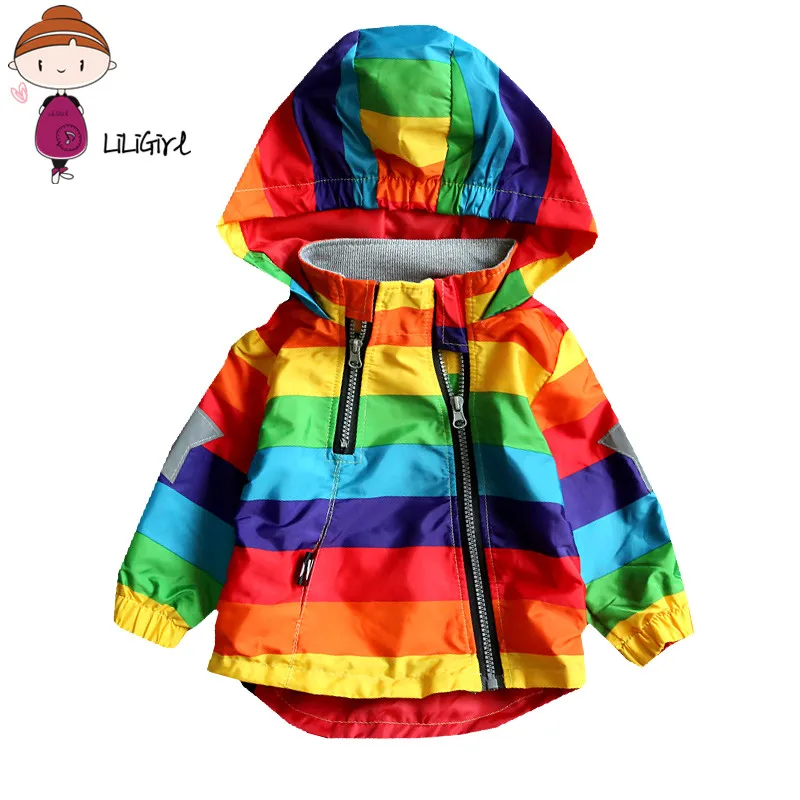 discount Baby Girl Jacket Boy Hooded Coat Sunscreen Clothes Rainbow Stripe Jacket Baby Boy Long Sleeves Spri