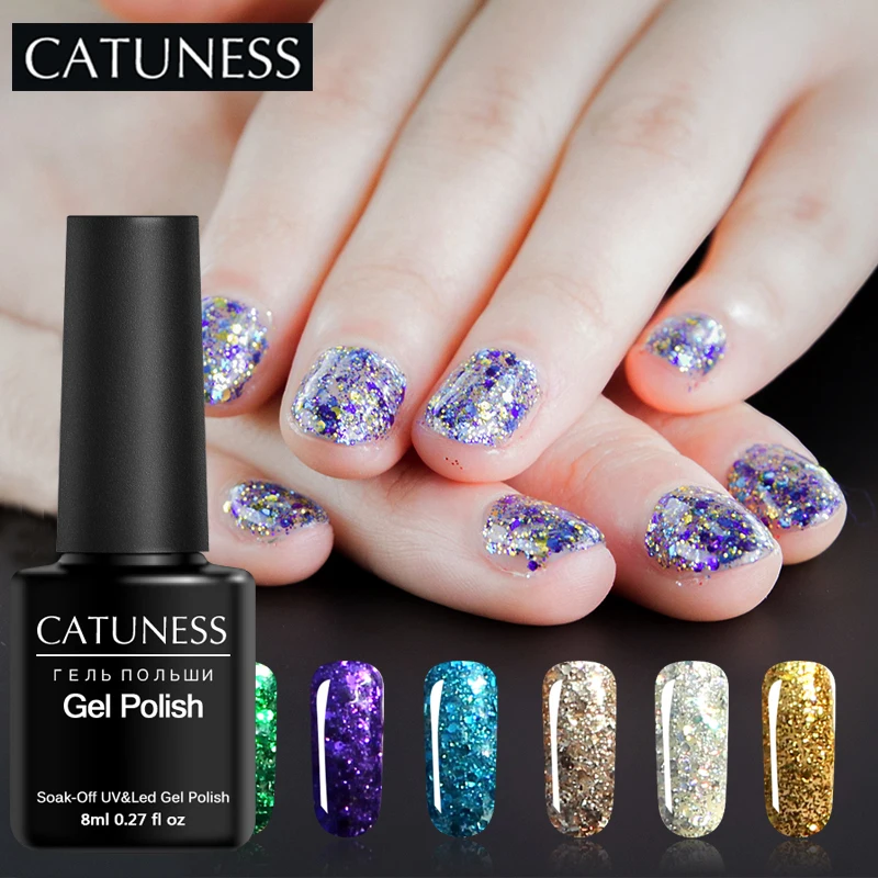 

CATUNESS 8ml Nail Polish Glue 3D Colorful Led Lamp Series Diamond Glitter UV Nail Gel Polish Soak New Sequin Gel Varnish