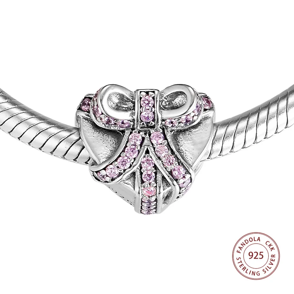 

Authentic 925 Sterling Silver Charm Heart Present Pink CZ Original Beads for Jewelry Making Fits Brand Charms Bracelet Berloque
