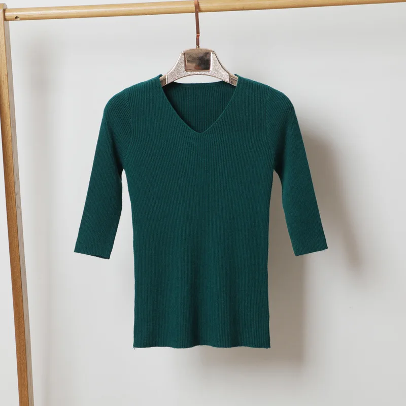 Queechalle, 13 цветов, новинка, Осенний вязаный пуловер, v-образный вырез, половина рукава, тонкий свитер для женщин, m-xxl размера плюс, женские топы - Цвет: dark green