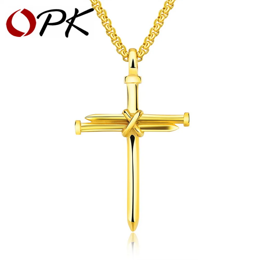 OPK Religious Nail Cross Necklace For Men Jesus Christ Pendants Gold Color Stainless Steel Box