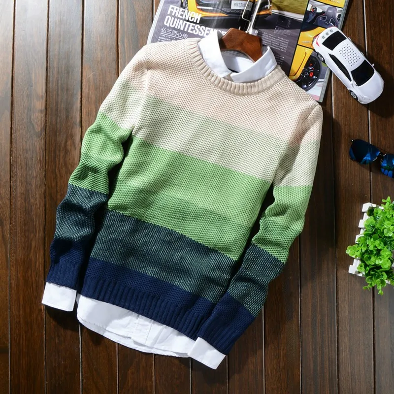 Осенне-зимний шерстяной свитер в полоску, мужской брендовый Повседневный синий мужской свитер с круглым вырезом, облегающий вязаный мужской свитер, пуловеры 50