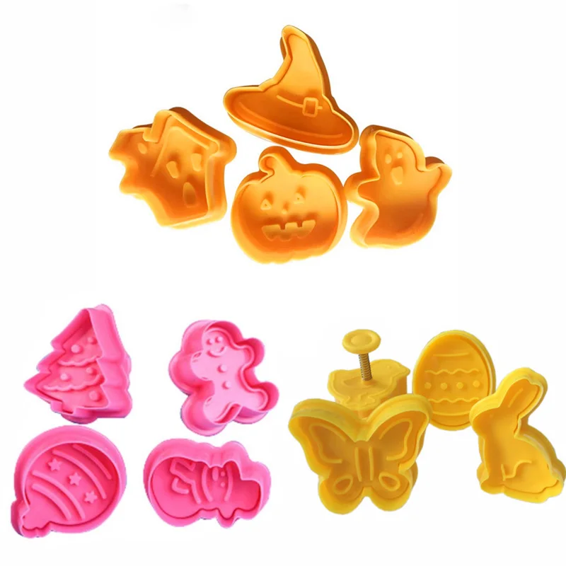 

4pcs Cookie Stamp Biscuit Mold Snowman Cookie Plunger Cutter Easter Rabbit Egg Biscuit Mold Christmas Cookie Cutters Baking Mold