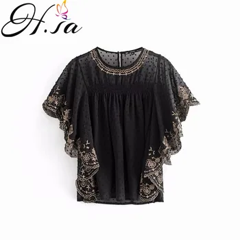

H.SA blusas mujer de moda 2019 Women Summer Batwing Sleeve Embroidery Blusas Black Hollow Out Sexy Party Shirts Ruffles kimono