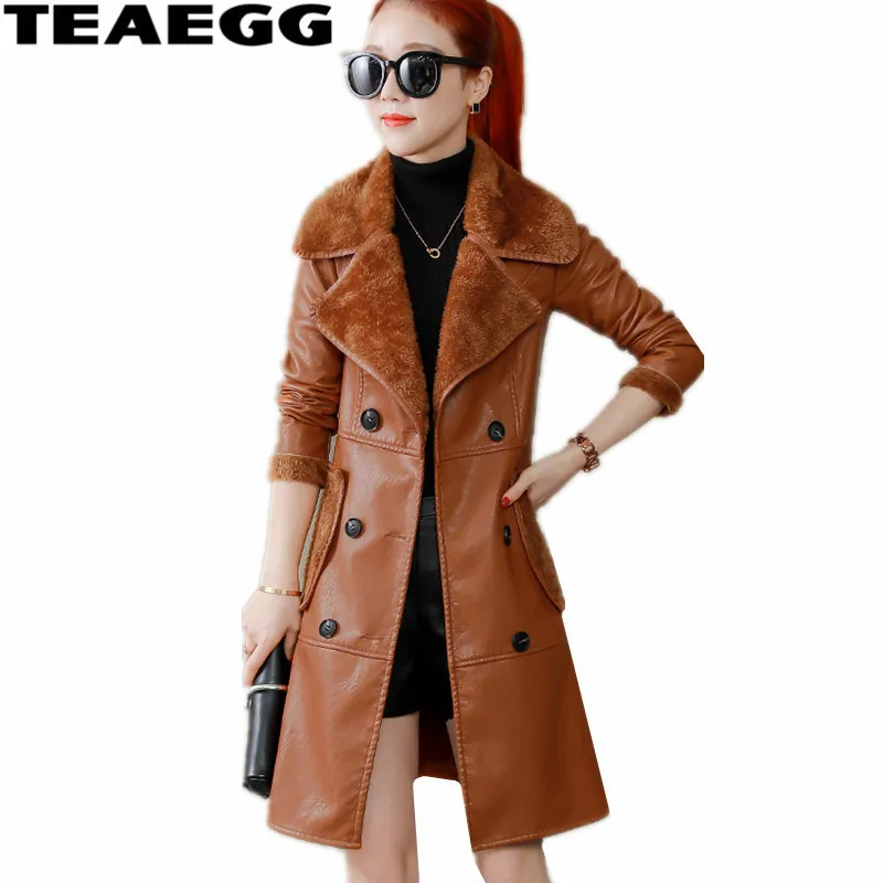 

TEAEGG Faux Leather Jackets Women Warm Dark Brown Woman Leather Jacket 2020 Faux Fur Pu Leather Jacket Outwear Parkas AL584