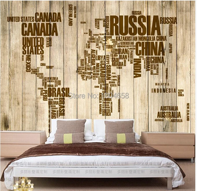 

Free shipping custom vintage wooden alphabet English world map large mural wallpaper the living room TV backdrop wallpaper