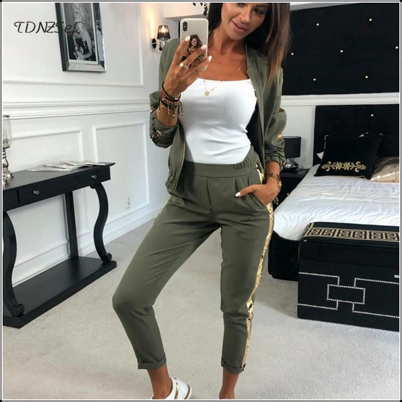 

Casual Side Sequined Sweatshirt Trousers 2 Two Piece Sets Women Long Sleeve Zipper Coats Tops Elastic Waist Slim Sweatpants Sets