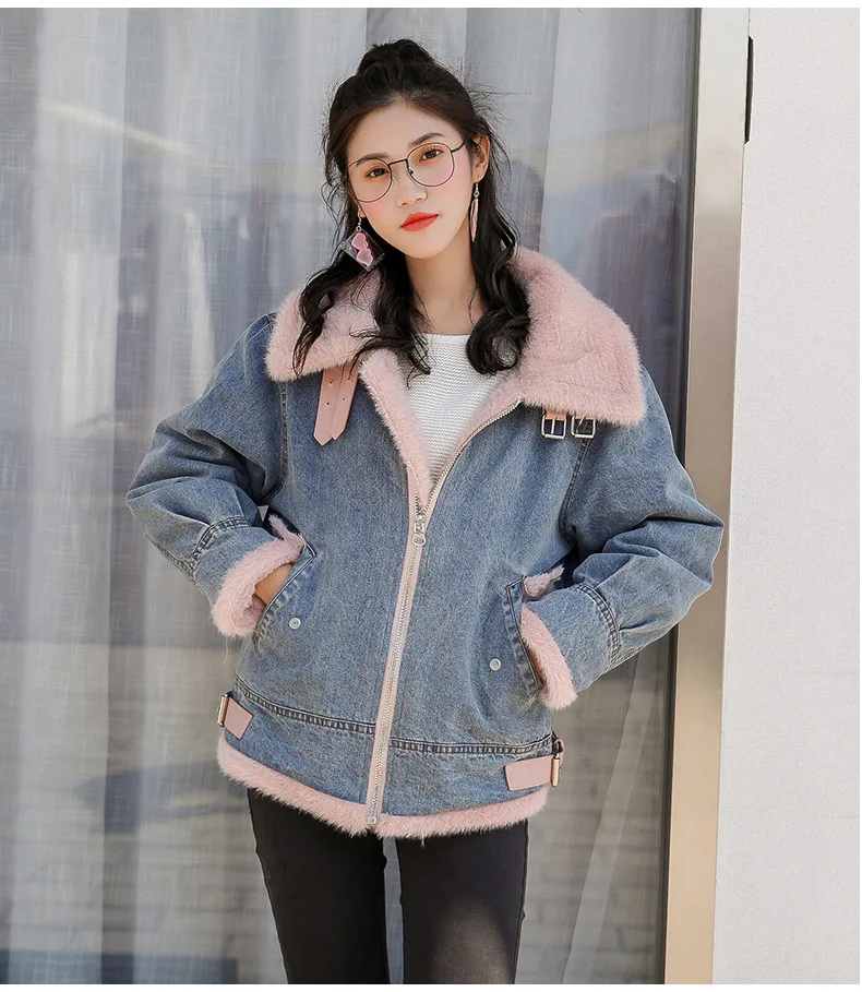 Осень Зима Новинка женское джинсовое пальто из овечьей шерсти корейское джинсовое теплое джинсовое пальто с длинными рукавами верхняя одежда широкая джинсовая куртка пальто для женщин