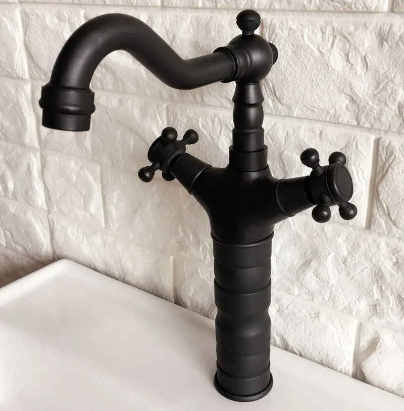 Black Oil Rubbed Brass Dual Cross Handles One Hole Bathroom Kitchen Basin Sink Faucet Mixer Tap Swivel Spout Deck Mounted mnf347