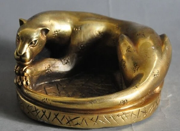 

669++old chinese fengshui brass copper Leopard Golden Jaguar beast statue Ashtray