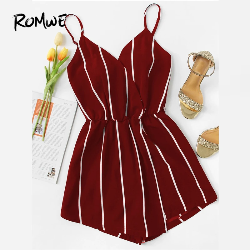 

ROMWE Vertical Striped Cami Romper 2019 Glamorous Chic Red Wide Leg Summer Mid Waist Womens Romper Sleeveless Sexy Romper