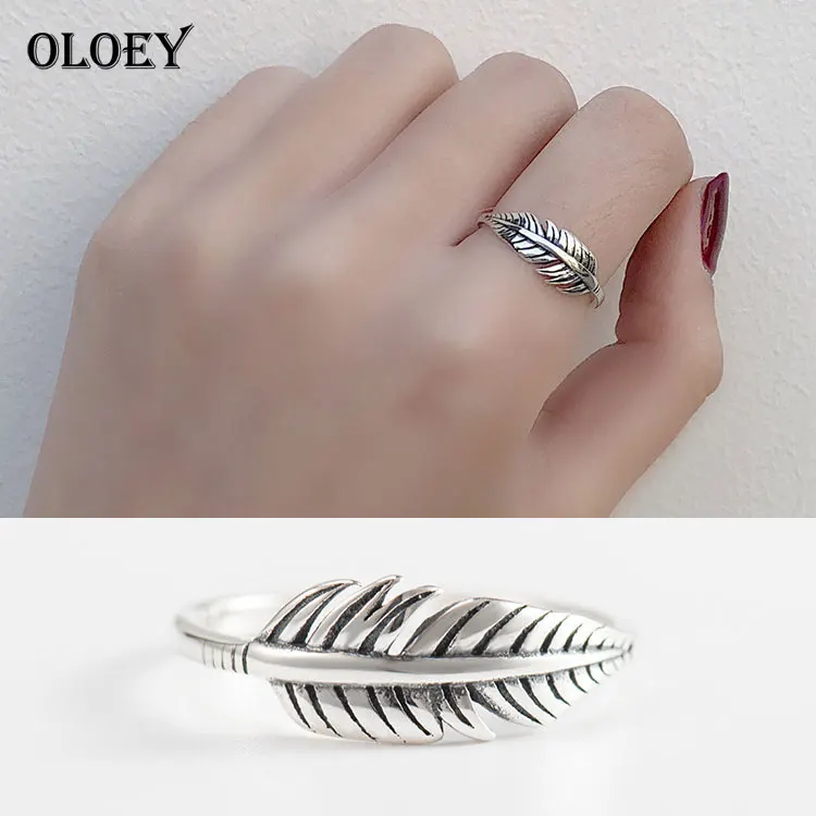 

OLOEY 100% 925 Sterling Silver Rings For Women Vintage Thai Silver Feather Open Ring Fine Jewelry For Lover Best Gift YMR100