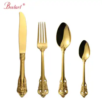 1lot/24 Pcs Luxury Gold Cutlery Set Gold Plated 18/10 Stainless steel Dinnerware Set Dinner Fork Dining Knife Tablespoon for 6