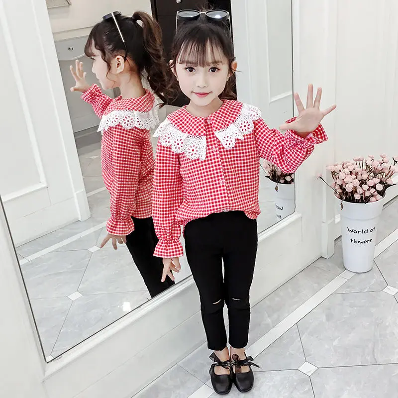 Корейская Школьная блузка для девочек дизайнерские детские блузки с длинными рукавами и кружевным воротником и рубашки для девочек, клетчатые топы для девочек - Цвет: Красный