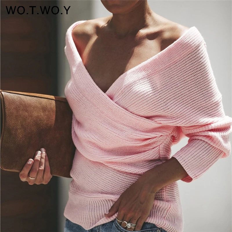 WOTWOY Sexy V Neck Cross Knitted Sweater Women Pullover Hollow Out 2018 Winter Cashmere Women Sweater Backless Streetwear Jumper Sweaters