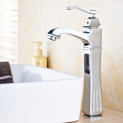 

Deck Mounted Chrome Polished Bathroom Sink Faucet Single Handle Mixer Tap Basin Faucet with Cover Plate