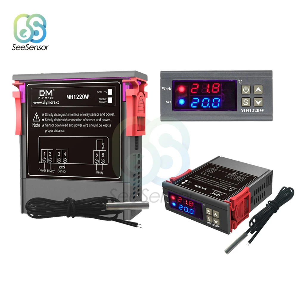

MH1220W Dual Display Digital Temperature Thermostat Regulator Controller DC 12V-72V 10A Heating Cooling Control NTC Sensor Probe