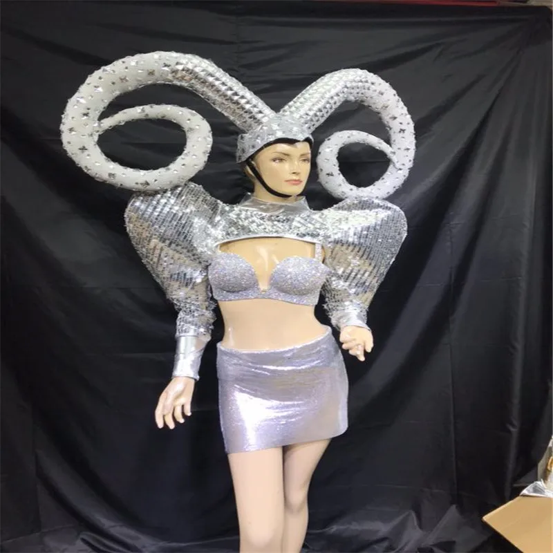 

EC44 Ballroom dance stage show costumes dj party singer dresses horn silver mirror outfit clothes vest model bikini performance