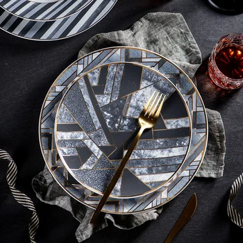 

Creative Plate Black Gray Gold Stitching Matte Texture Marble Ceramic Plate Unique Dinner Set Dish Dessert Plate