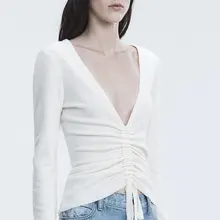 KENVY/брендовая модная Женская Роскошная Осенняя белая с v-образным вырезом пикантная тонкая трикотажная футболка с длинными рукавами и завязками