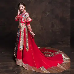 2018 невесты красный цветок Qipao национальной китайские свадебное платье Для женщин феникс вышивка Cheongsam кимоно с длинным шлейфом Qi Pao Халат