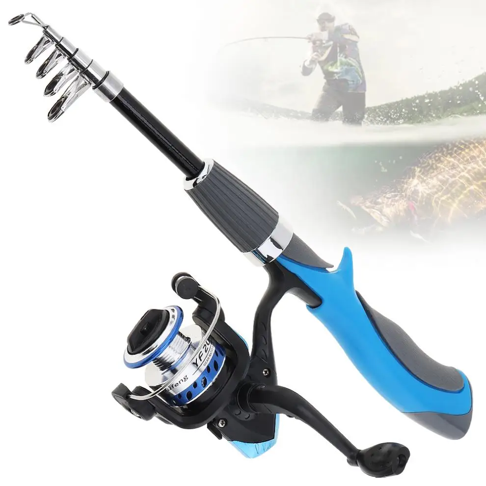 1.4 متر الأزرق + أسود اللون البسيطة المحمولة قضيب كومبو تلسكوبي الجليد روك الصيد قضيب + الغزل الصيد بكرة