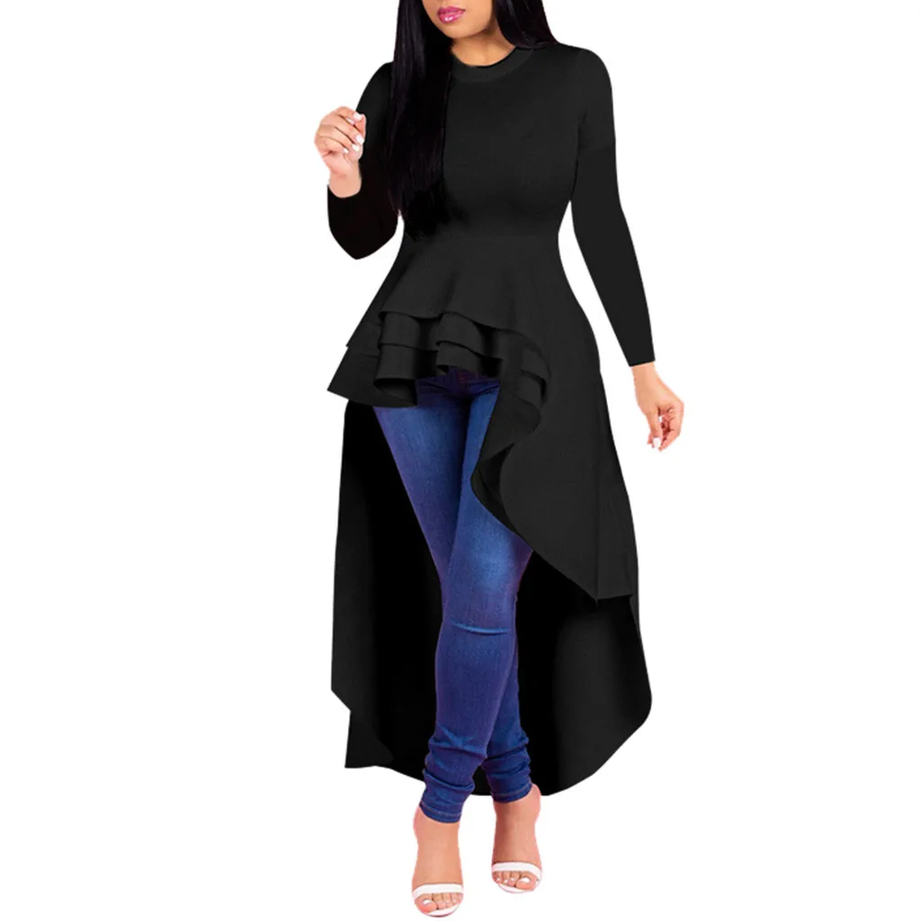 

Women Plius Size Maxi T Shirt Dress Modis Autumn Loose Asymmetry Casual Dress Vintage Ruffle Solid Long Sleeve Party Dress #B