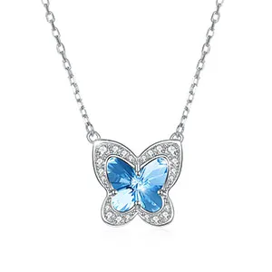 Blue Элегантный кристалл бабочка от Swarovski элемент ожерелья 925 пробы Silver Oval цепочку для Для женщин Подвески Свадебные украшения - Цвет камня: Blue