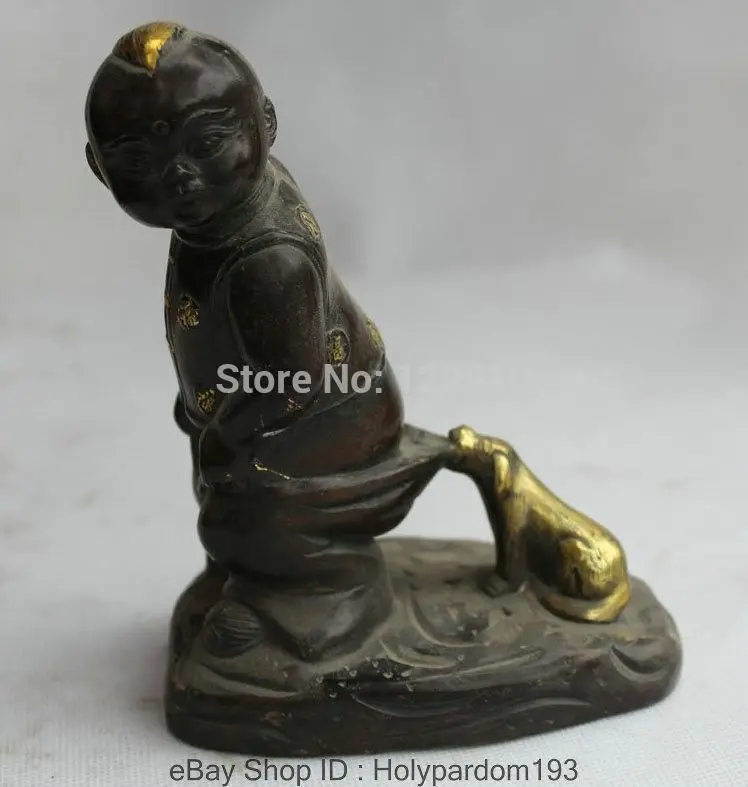 

6" Chinese Fengshui Folk Bronze Gold Dog Bite Boy lad man-child garcon Statue