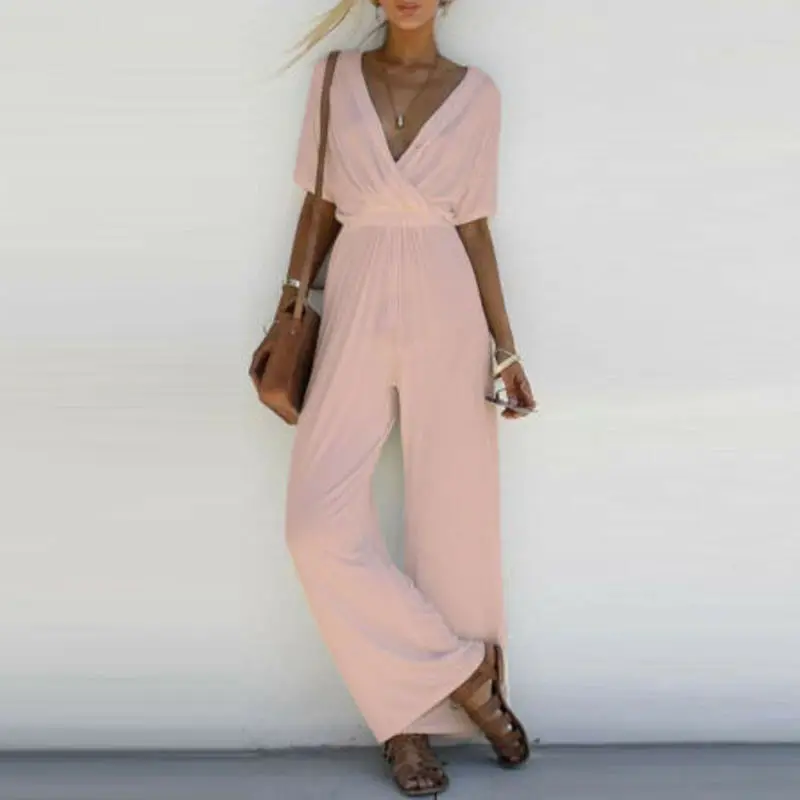 

New Fashion Summer Casual Women V Neck Loose Playsuit Party Ladies Romper Solid Short Sleeve V Neck Long Jumpsuit