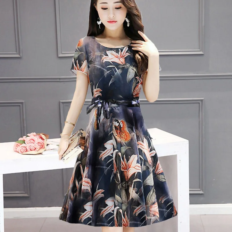 Print Knee Length Short Sleeved Dresses Women Ladies Big