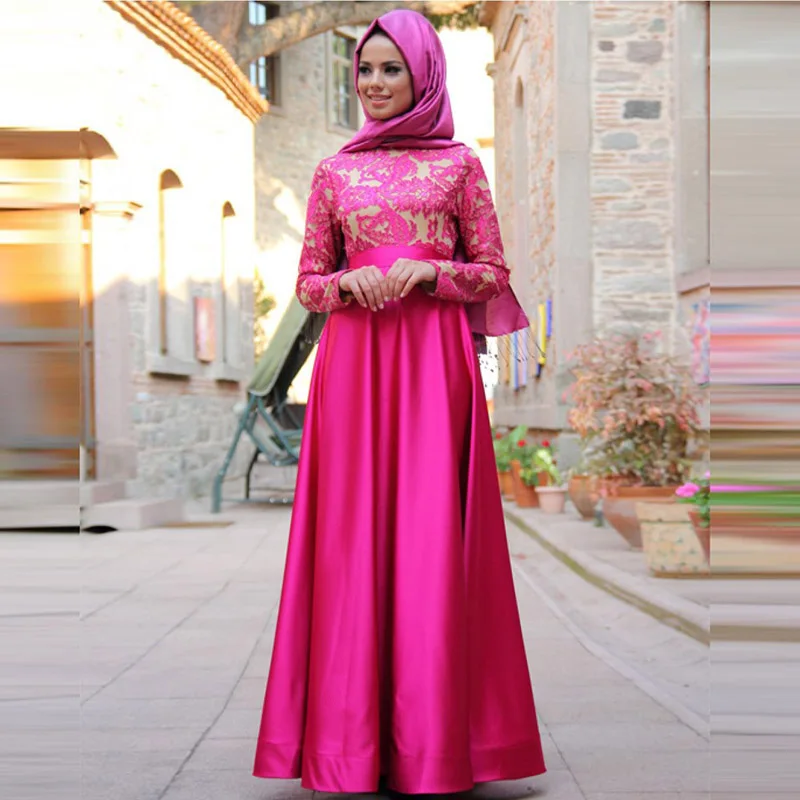 

Charming Rose Red Kaftan Evening Dress with Long Sleeve Elegant Lace Applique Muslim Evening Party Dress Hijab Vestido De Festa