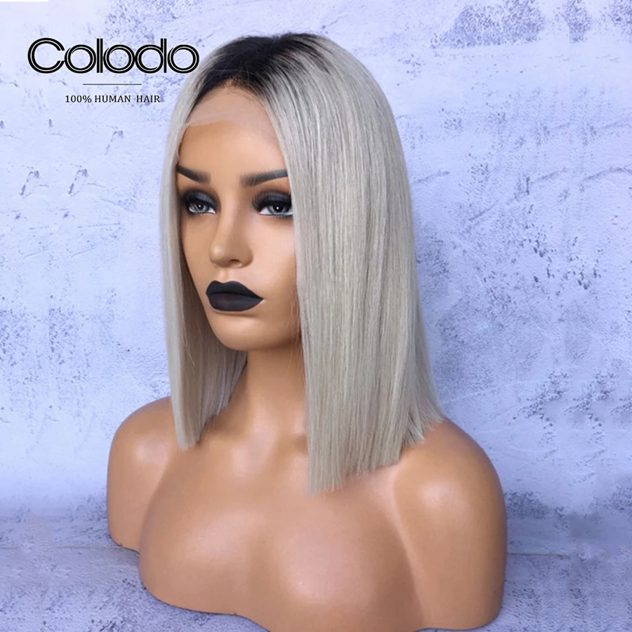 COLODO Ombre Platinum Blonde remy волосы на кружеве парик 1" серые прямые человеческие волосы парики 13x4 предварительно сорванные Бразильские короткие парики