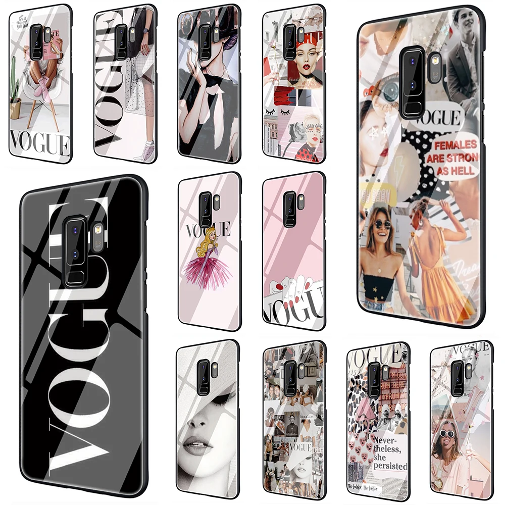 

VOGUE Lady's journey Tempered Glass Soft TPU Black Cover Case for Samsung S7 Edge S8 S9 S10 Note 8 9 10 plus A10 20 30 40 50 60 70